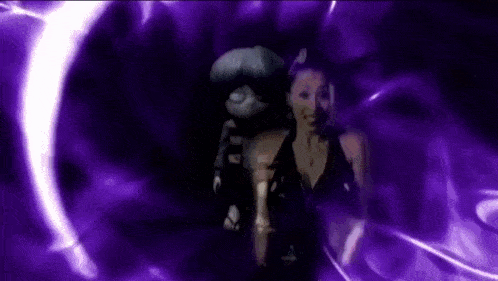 a woman in a black dress is standing in front of a purple background with a crescent moon .