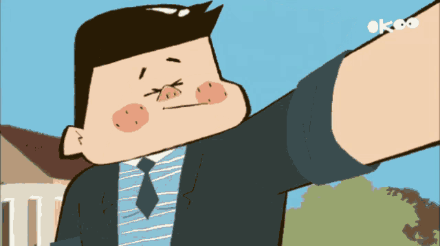 a cartoon of a man in a suit and tie taking a selfie with the word ok on the bottom