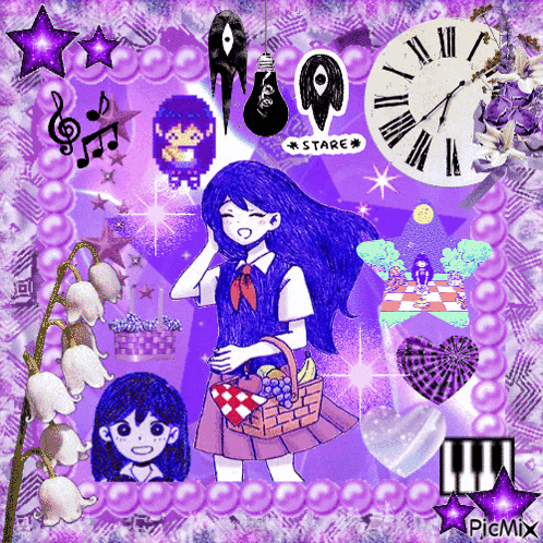 a picture of a girl with a basket of fruit and a clock with roman numerals