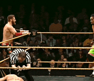 two wrestlers are in a wrestling ring with a w on the ropes