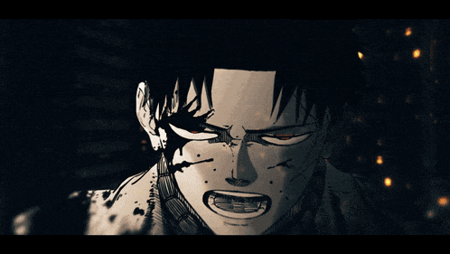 a black and white drawing of a man with red eyes and blood on his face