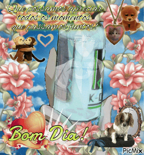 a picture of flowers and a dog with the words bom dia on the bottom