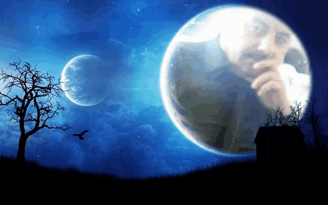 a picture of a man talking on a cell phone in front of a moon