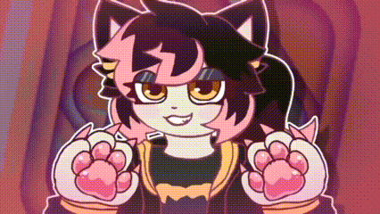 a cartoon girl with pink hair and paws is making a peace sign with her hands .