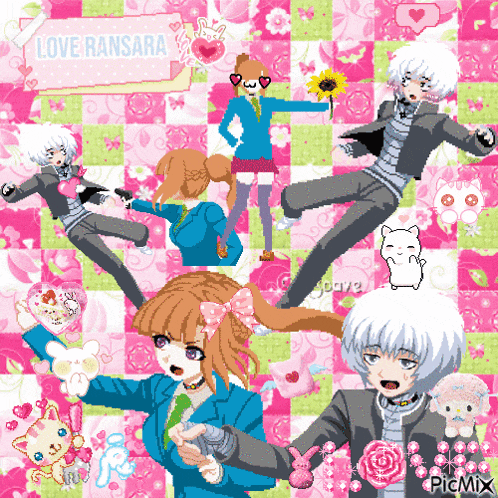 a collage of anime characters on a pink and green checkered background