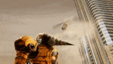 a robot with a drill on its head is flying in the air