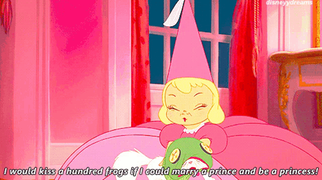a cartoon of a little girl holding a frog and saying i would kiss a hundred frogs
