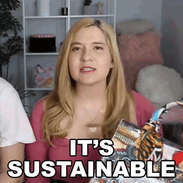 a woman says it 's sustainable while holding a bag