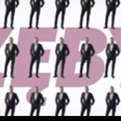 a group of men in suits are standing in front of a large pink letter b