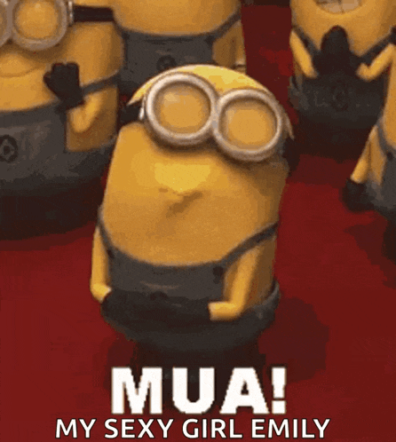a group of minions are standing on a red carpet and one of them is wearing goggles and says mua my sexy girl emily