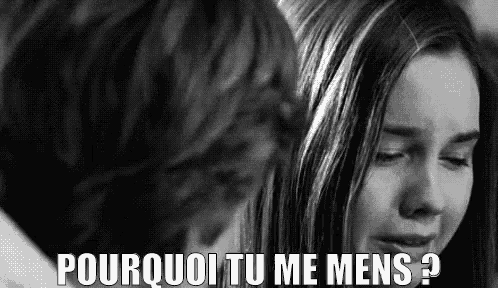 a black and white photo of a girl crying next to a boy and the words `` pourquoi tu me mens ? ''