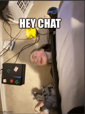 a picture of a person laying on a bed with the words hey chat on it