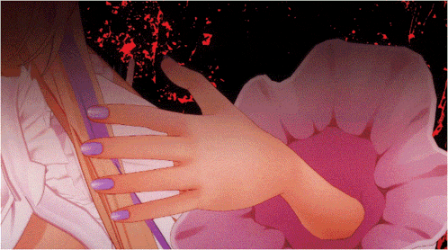 a woman 's hand with purple nail polish is reaching out towards a pink flower