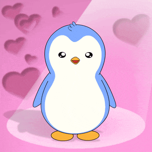 a blue and white penguin is standing in front of hearts on a pink background