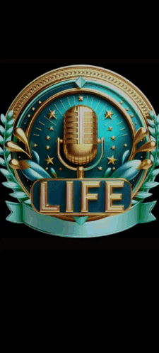 a gold emblem with a microphone and a purple square in the middle