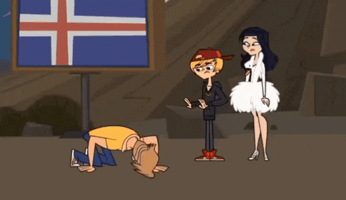 a group of cartoon characters standing in front of a flag