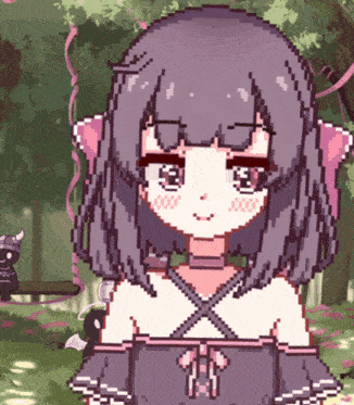 a pixel art drawing of a girl with purple hair and a pink bow