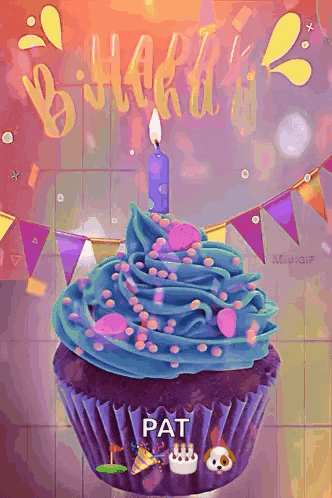 a purple cupcake with a blue frosting and a candle with the name pat written on it