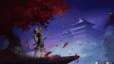 a video game screen shows a samurai holding a sword in front of a tree