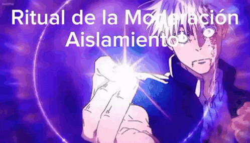 a person is holding a purple object in their hand with the words ritual de la moderacion aislamiento written on it .