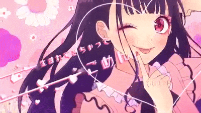a girl with long black hair and red eyes is smiling and holding her finger to her mouth .