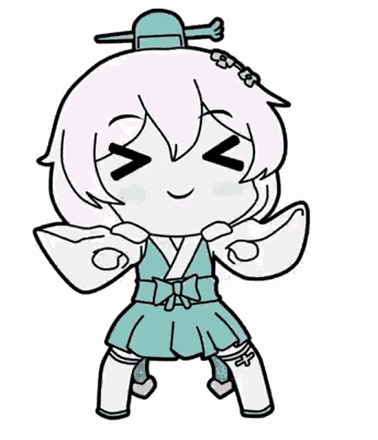 a drawing of a chibi girl wearing a kimono and a hat with her eyes closed .