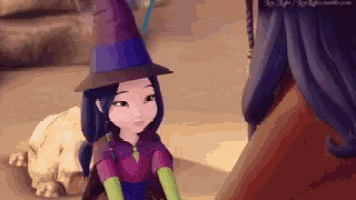 a cartoon girl wearing a purple hat and a purple dress