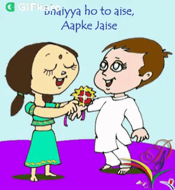 a cartoon of a boy and a girl giving each other flowers