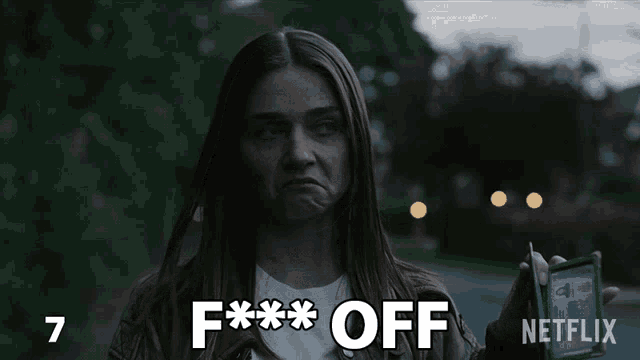a netflix ad with a woman giving a thumbs up and the words f *** off above her