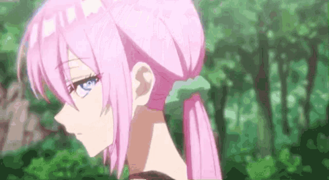 a close up of a girl with pink hair and blue eyes standing in a forest .