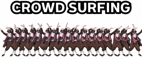 a group of people are standing in a row with the words crowd surfing behind them
