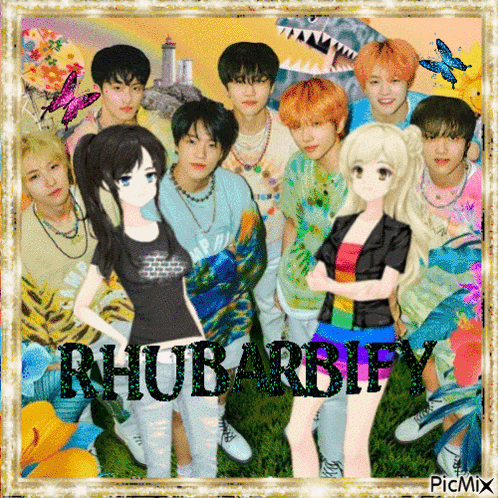 a picture of a group of people with the word rhubarbify in the middle