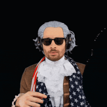a man wearing a wig and headphones looks at a cartoon character