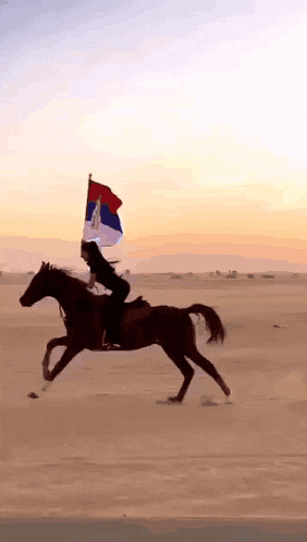 a person riding a horse with a flag on it