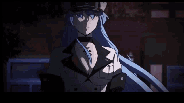 a woman with blue hair and a hat with a cross on it