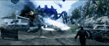 a man is standing in front of a giant blue monster