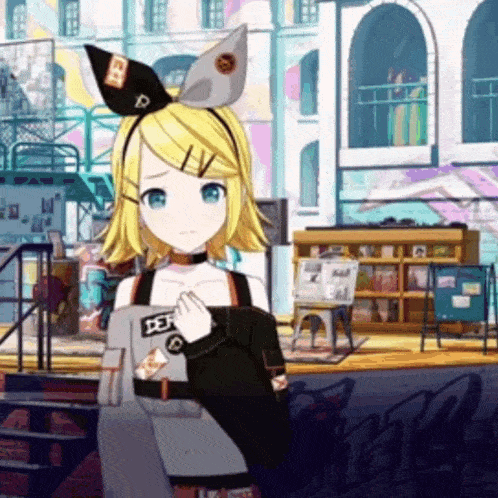 a girl with yellow hair and blue eyes is standing in front of a building holding a backpack .