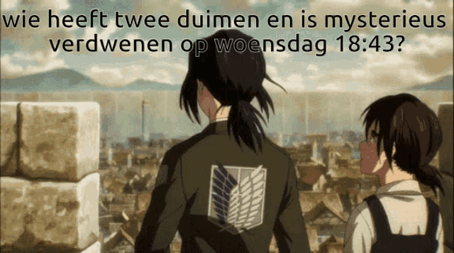 a couple of anime characters standing next to each other with the time of 18:43 on the bottom