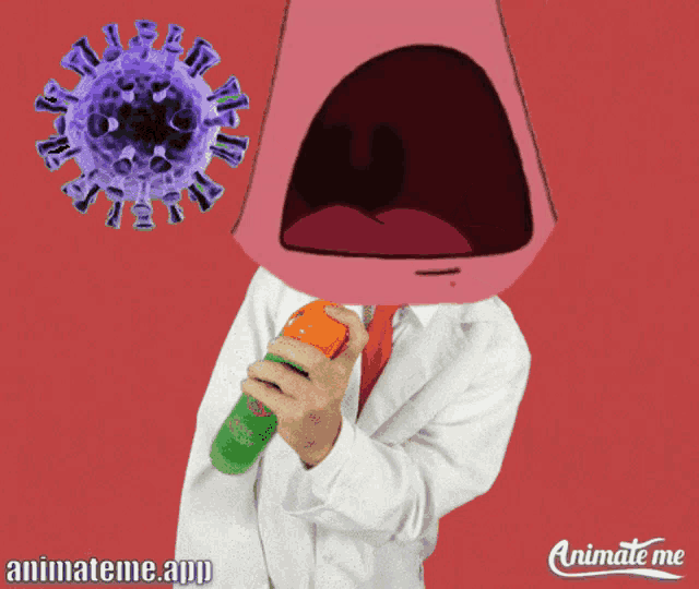 an animate me app shows a cartoon character with a purple virus in the background