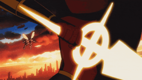 a cartoon of a person holding a lightning bolt with a city skyline in the background
