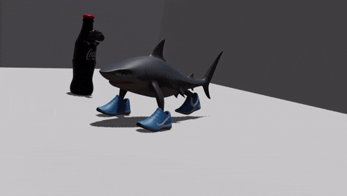 a shark wearing blue nike shoes is standing next to a bottle