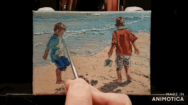 a painting of two boys walking on the beach is made in animatica