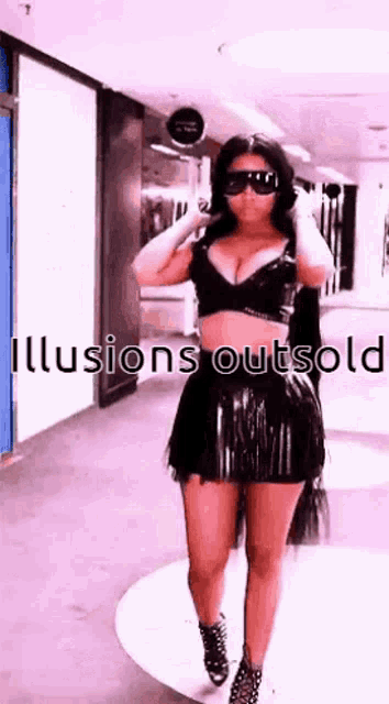 a woman in a black dress and sunglasses is walking down a hallway with the words " illusions outsold " written above her