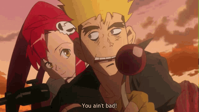 a man and a woman are standing next to each other and the man says " you ain 't bad "