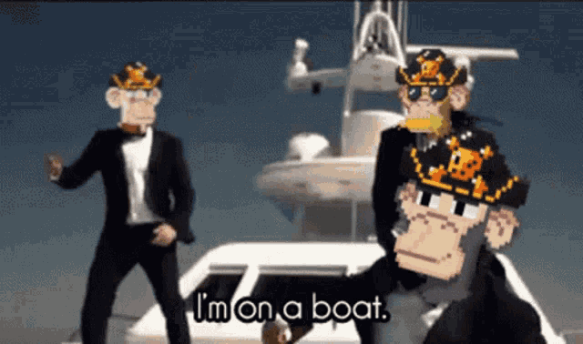 two men in suits are dancing in front of a boat with the words i 'm on a boat on the bottom