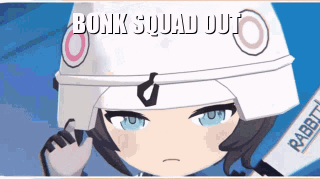 a cartoon character is wearing a helmet that says bonk squad out on it