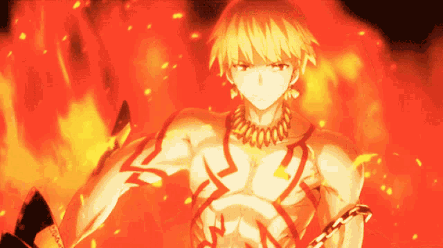 a man with a chain around his waist is surrounded by flames
