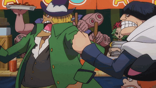 a man in a green jacket is holding a hammer and a tray of food