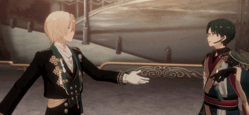 two anime characters are standing next to each other and one is pointing at the other