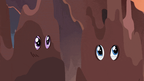 a couple of cartoon characters with purple and white eyes